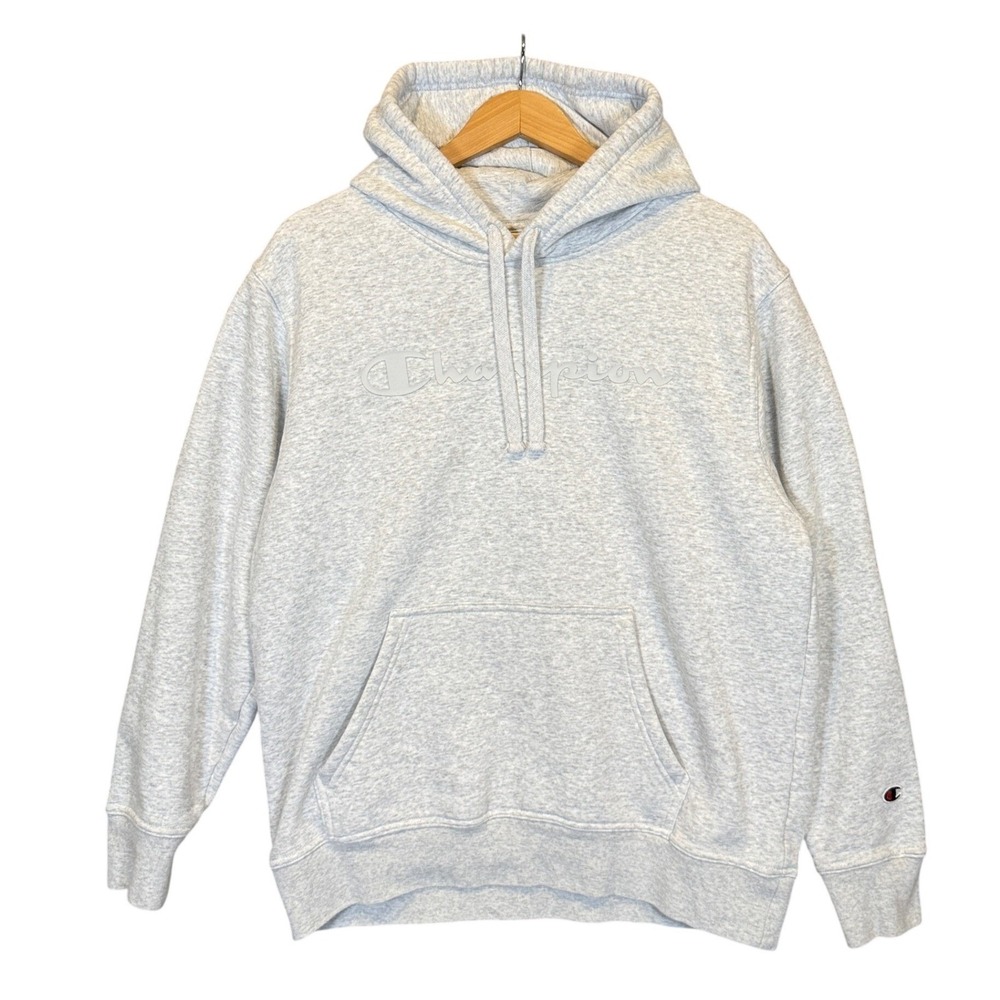 Champion Hoodie Mens Large Gray Tonal Script Logo Cotton Blend Streetwear Basic